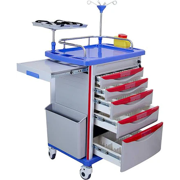 Deluxe Emergency Crash Cart Trolley – 5-Drawer Medical Resuscitation Cart with IV Pole, CPR Board & Lock System